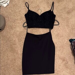 Navy Two-Piece Dress with Spaghetti Straps and beaded top